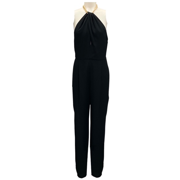 CELINE BLACK CREPE SATIN JUMPSUIT WITH CHAIN COLLAR - Picture 1 of 6